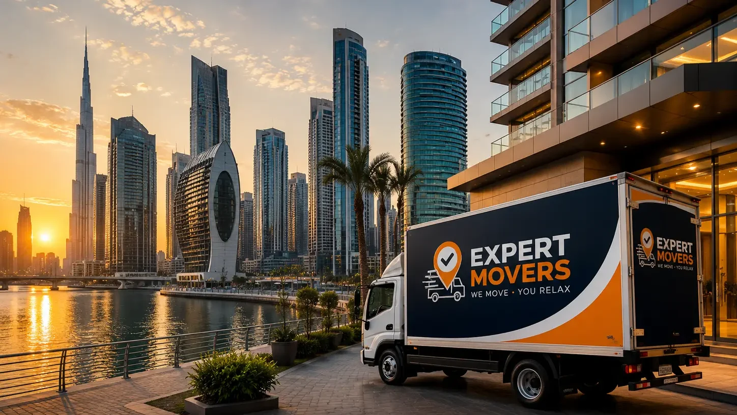 Business Bay Dubai skyline with modern glass towers and the canal at golden hour
