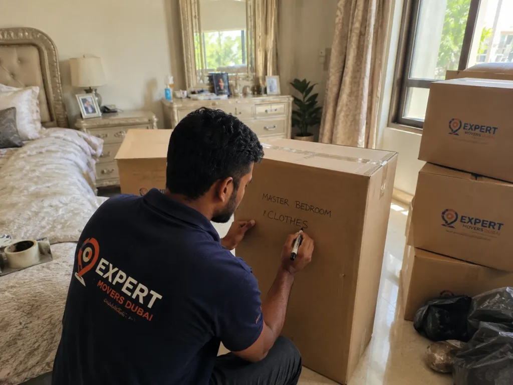 House movers Dubai packing and labeling boxes by room