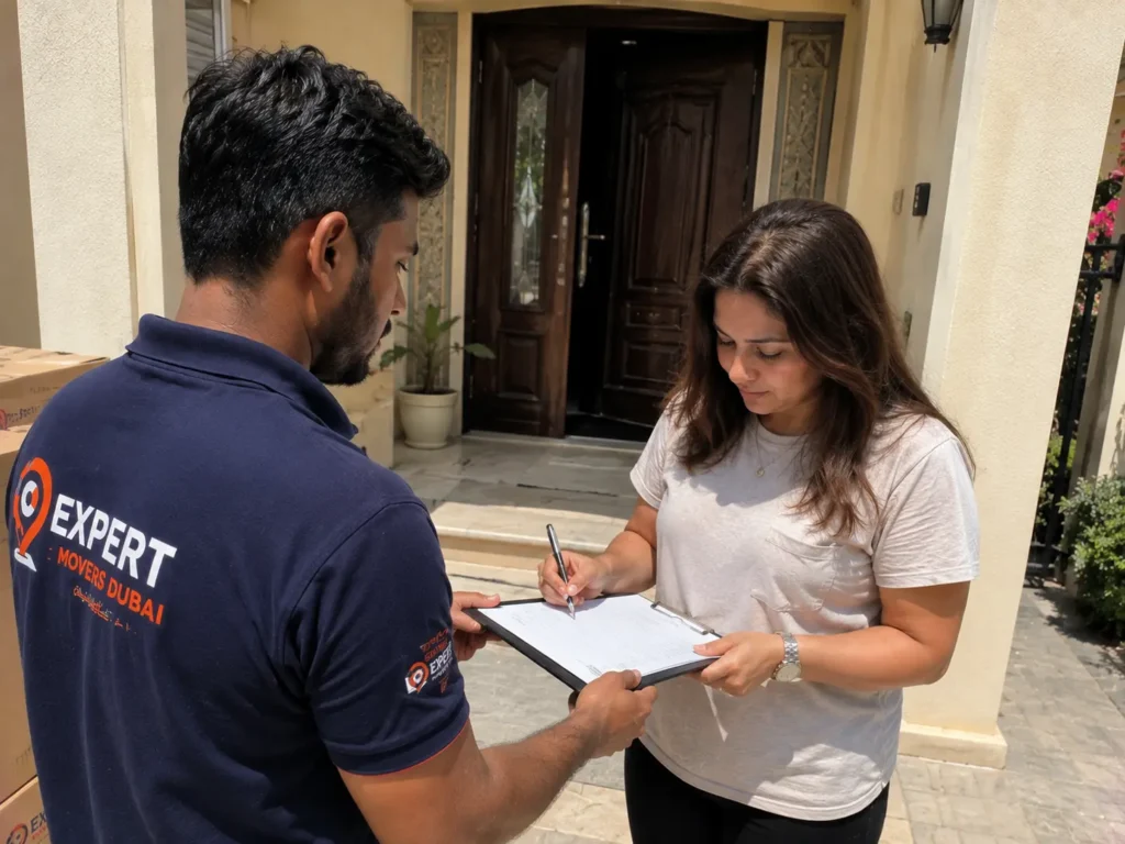 Local movers Dubai reviewing a checklist with a customer