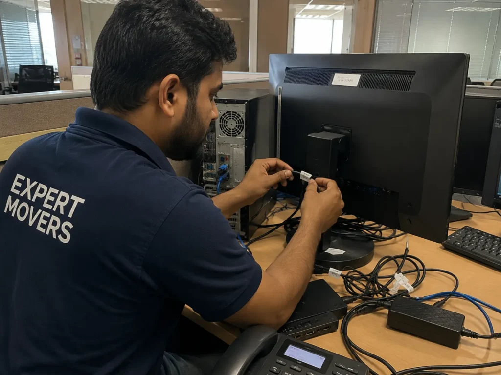 Office movers Dubai carefully handling IT equipment and cables
