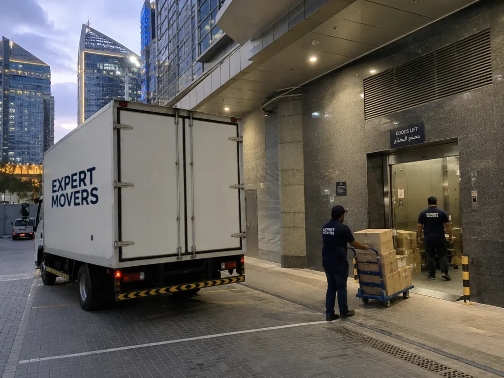 Office movers Dubai using a building loading dock and service elevator