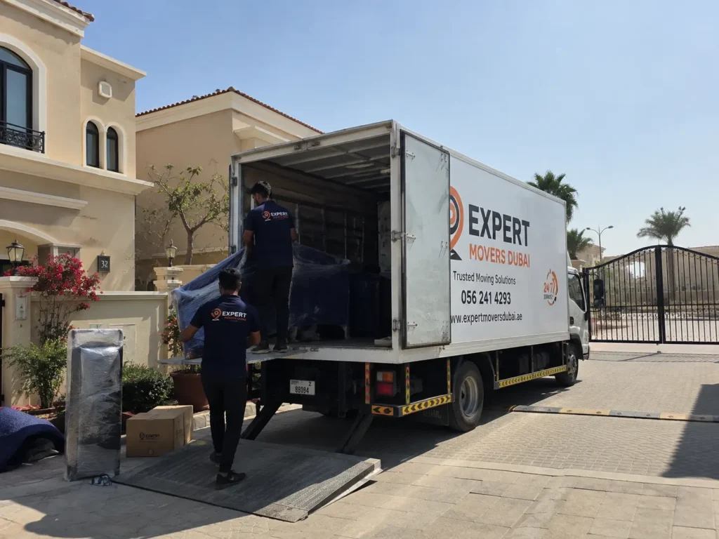 Villa movers Dubai truck loading outside a gated community