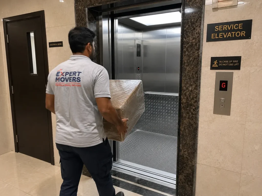 Movers and packers in Business Bay high-rise service elevator move