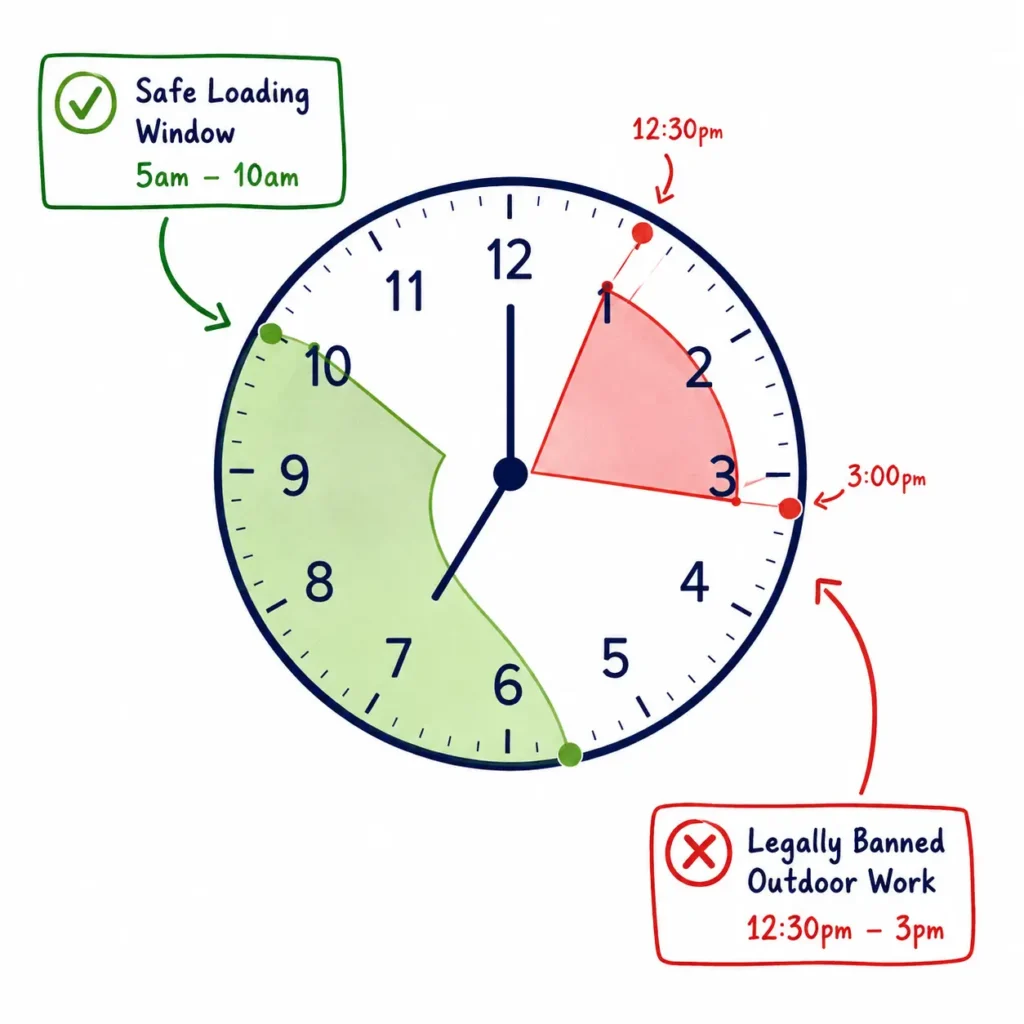 Summer moving Dubai safe working hours clock graphic