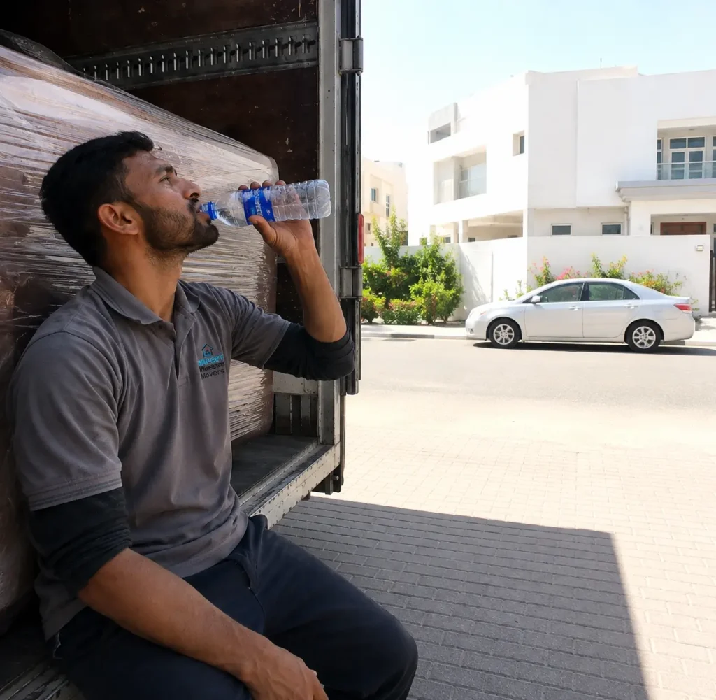 Summer moving Dubai crew taking a water break