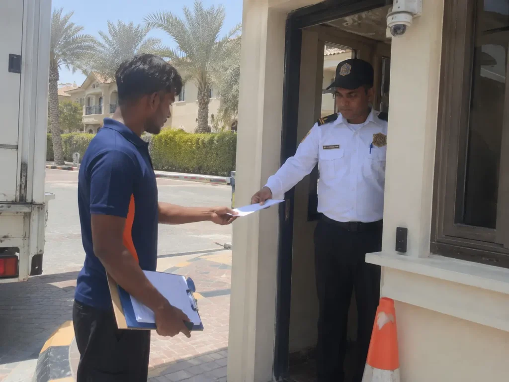 Villa moving permit Dubai document handover at security gate