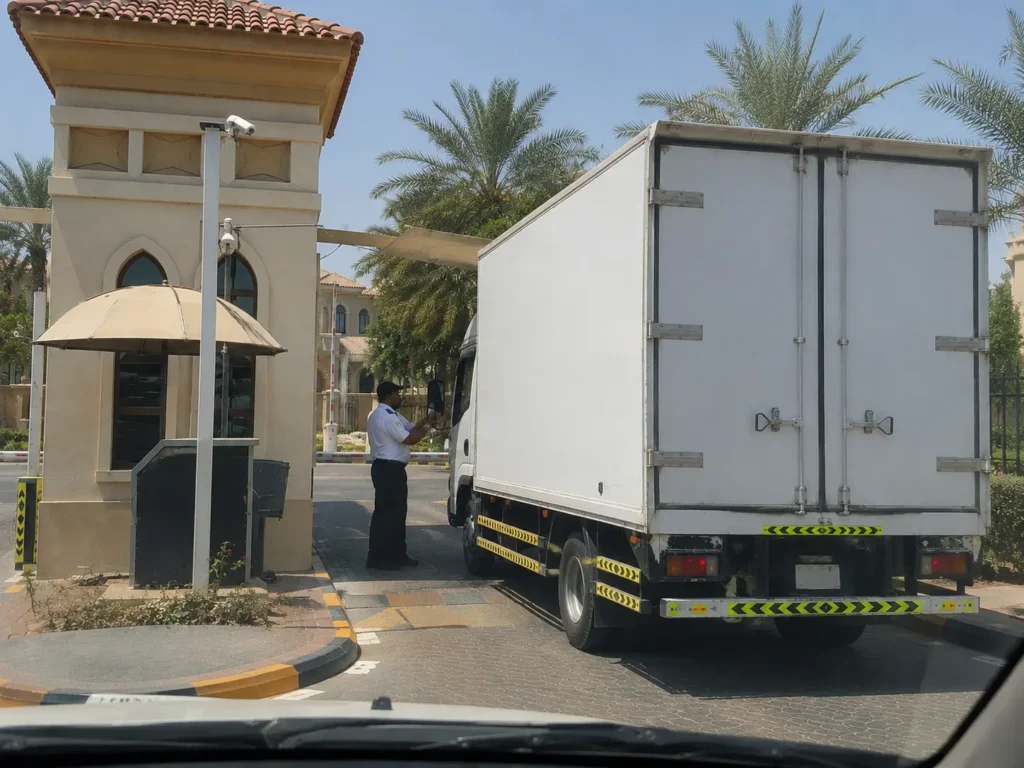 Villa moving permit Dubai truck at community security gate
