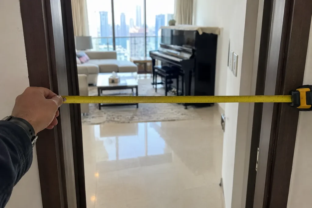 Measuring the doorway before moving a piano in Dubai