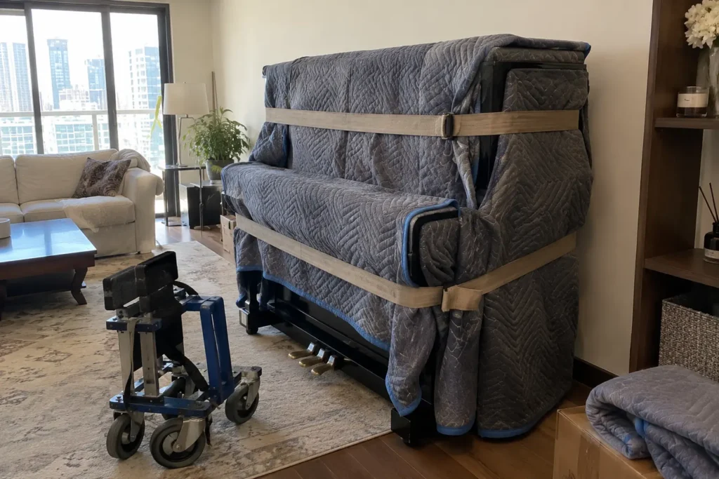 Piano padded and strapped for moving in Dubai