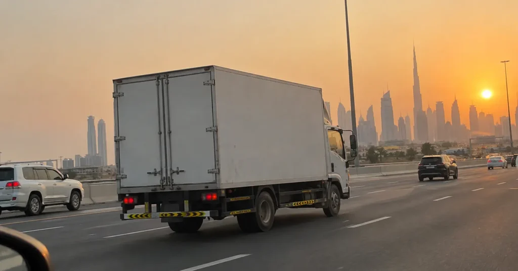 Moving from Dubai to Sharjah truck on the highway