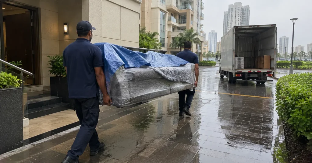 Moving in rain Dubai movers carrying wrapped furniture