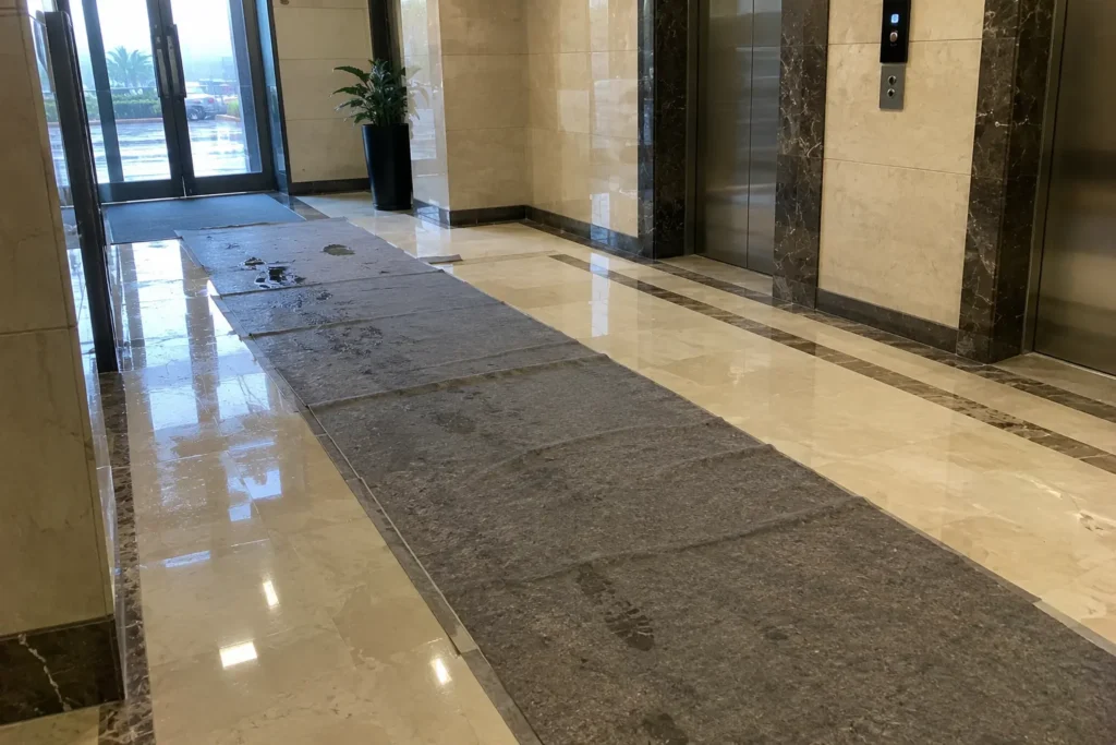 Floor runner protecting marble lobby when moving in rain Dubai