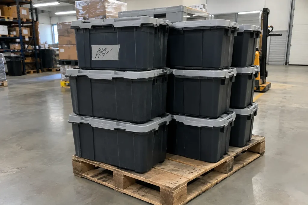 Bins stored on a pallet in non-AC storage services Dubai