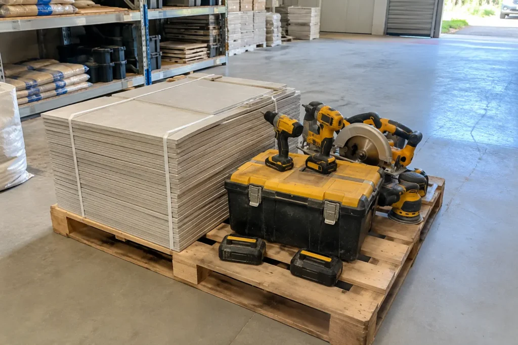 Tools and tiles stored in non-AC storage services Dubai