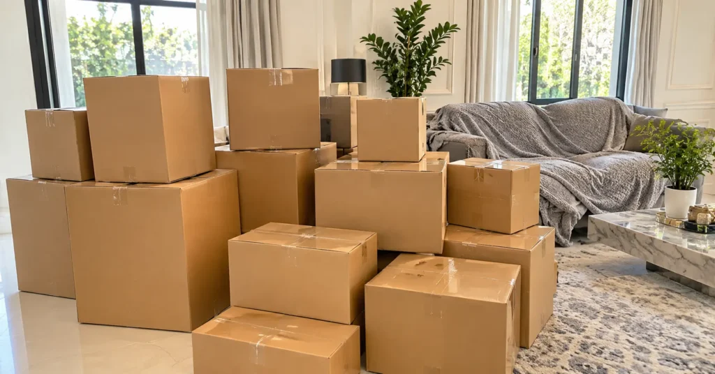 Villa moving boxes stacked in a Dubai villa living room