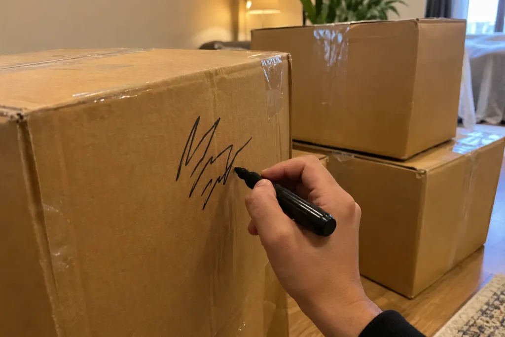 Labelling villa moving boxes by room before a move